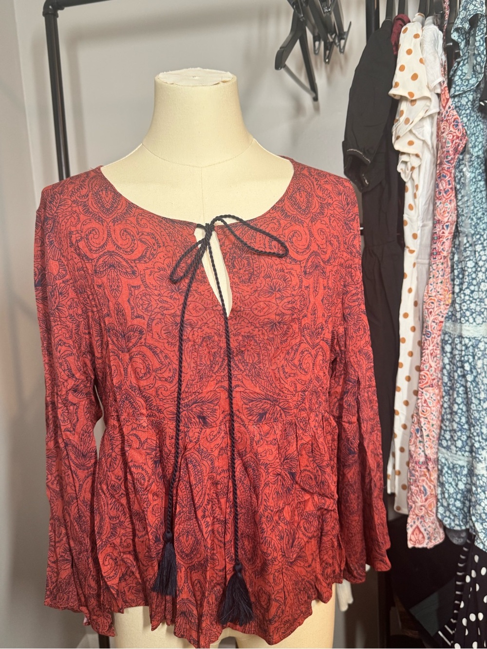 fun 2 fun Red Paisley Tie-Front Peasant Blouse